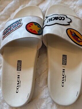 Coach White Marvel Patch Slide Sandals
